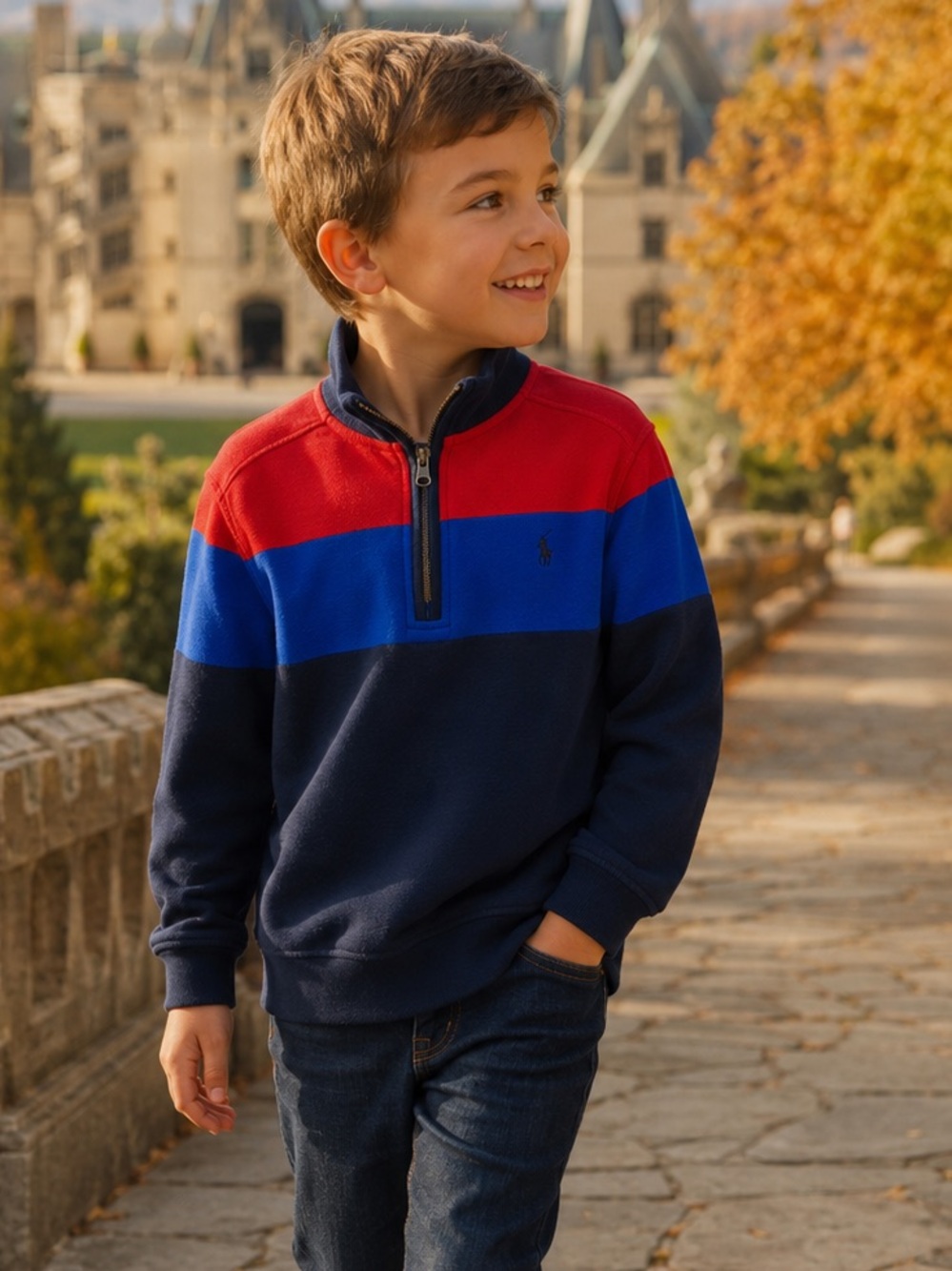 Polo Ralph Lauren Boys Colorblock Pique Knit 1/4 Zip Pullover Navy Red Blue 7